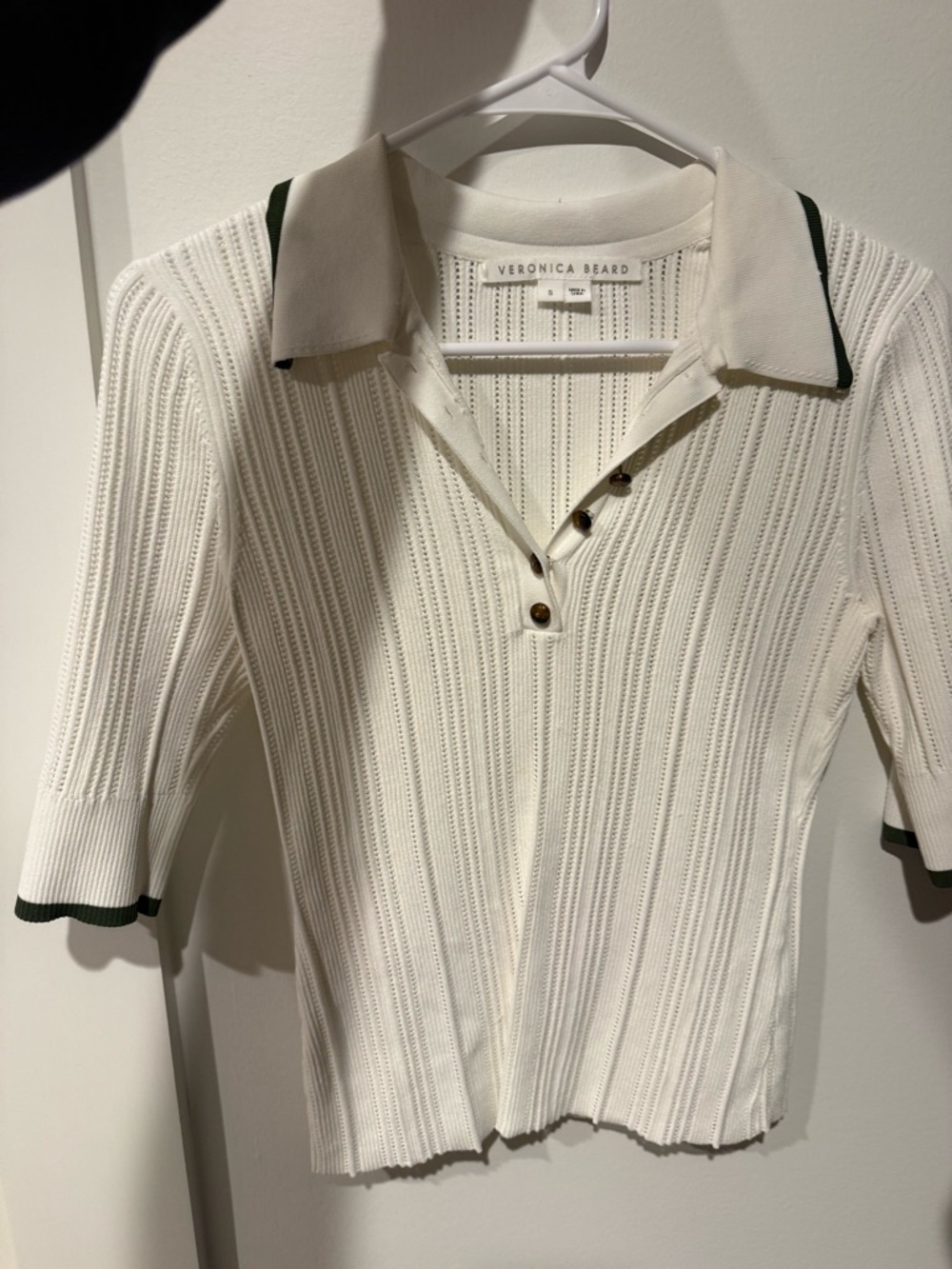 Veronica Beard Cream Ribbed Knit Polo with Green Accent